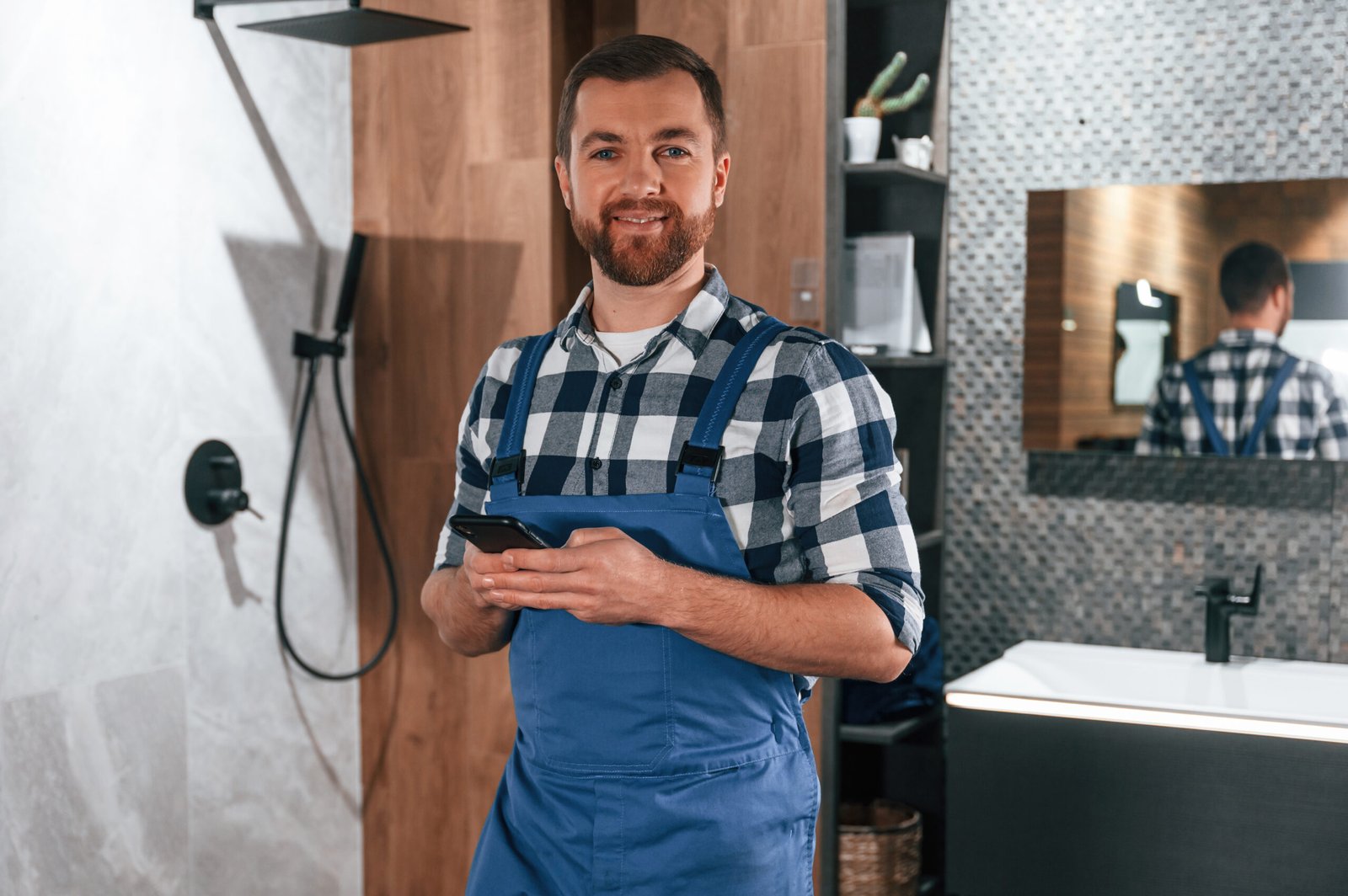 Standing and holding smartphone. Plumber in blue uniform is at work in the bathroom