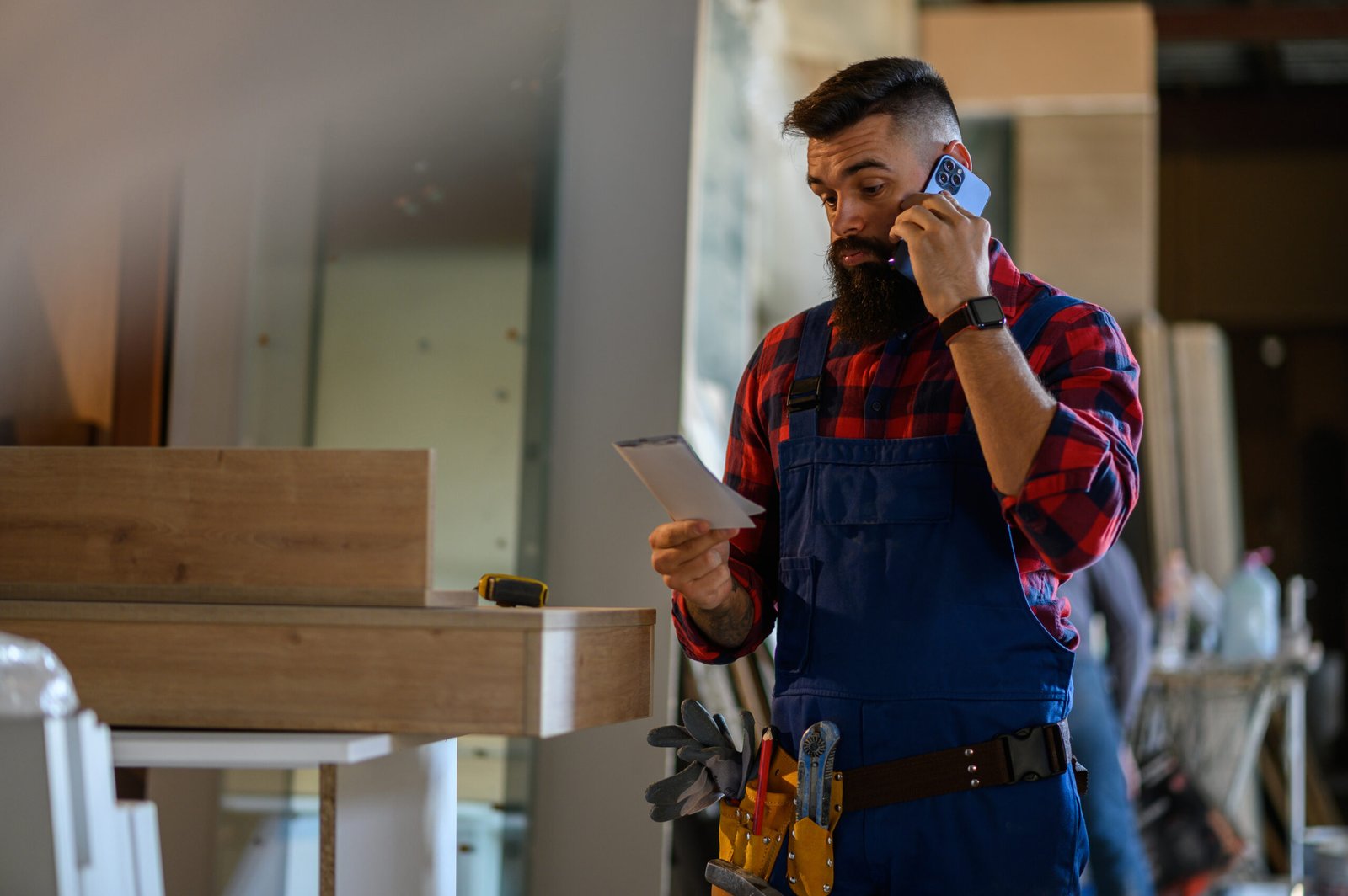 Young male carpenter working in workshop and using smartphone